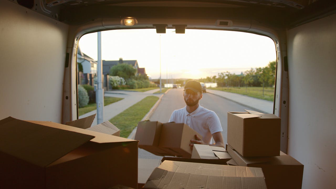 A courier unloading cardboard boxes from a van during sunset on a suburban street.